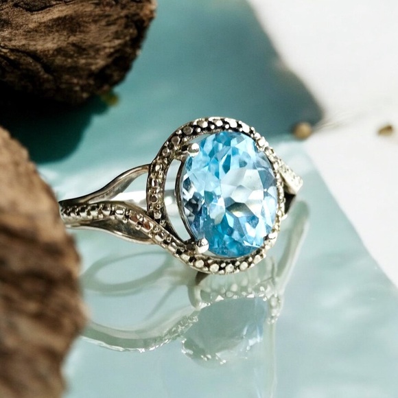 Multifaceted Aquamarine Oval Ring in 925 Sterling - Picture 2 of 7